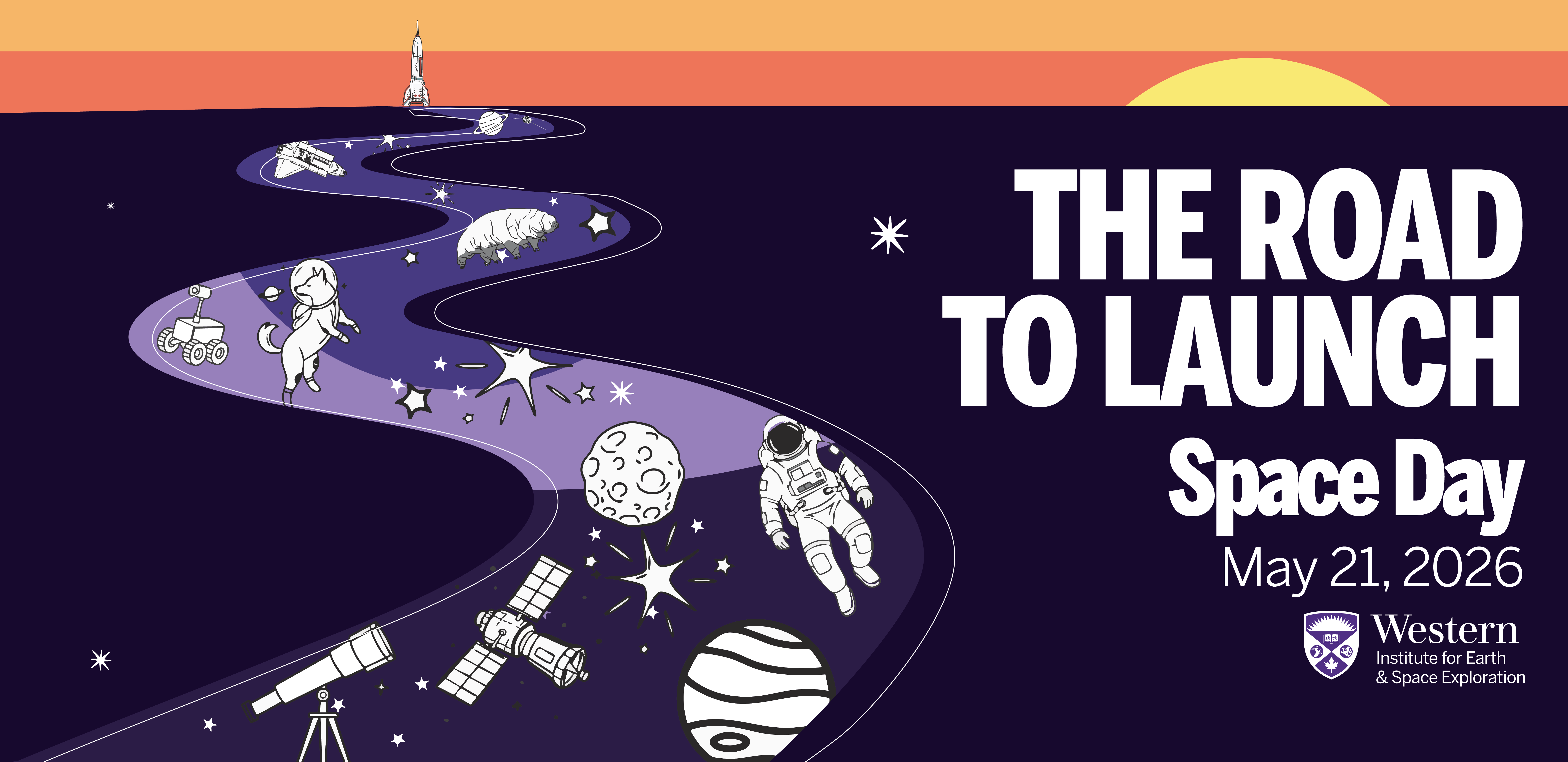 Image of trail with important moments in space history with a rocket in the background