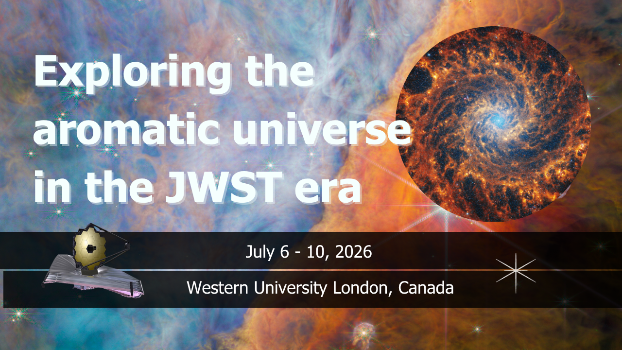 image of galaxy with the text exploring the aromatic universe over it