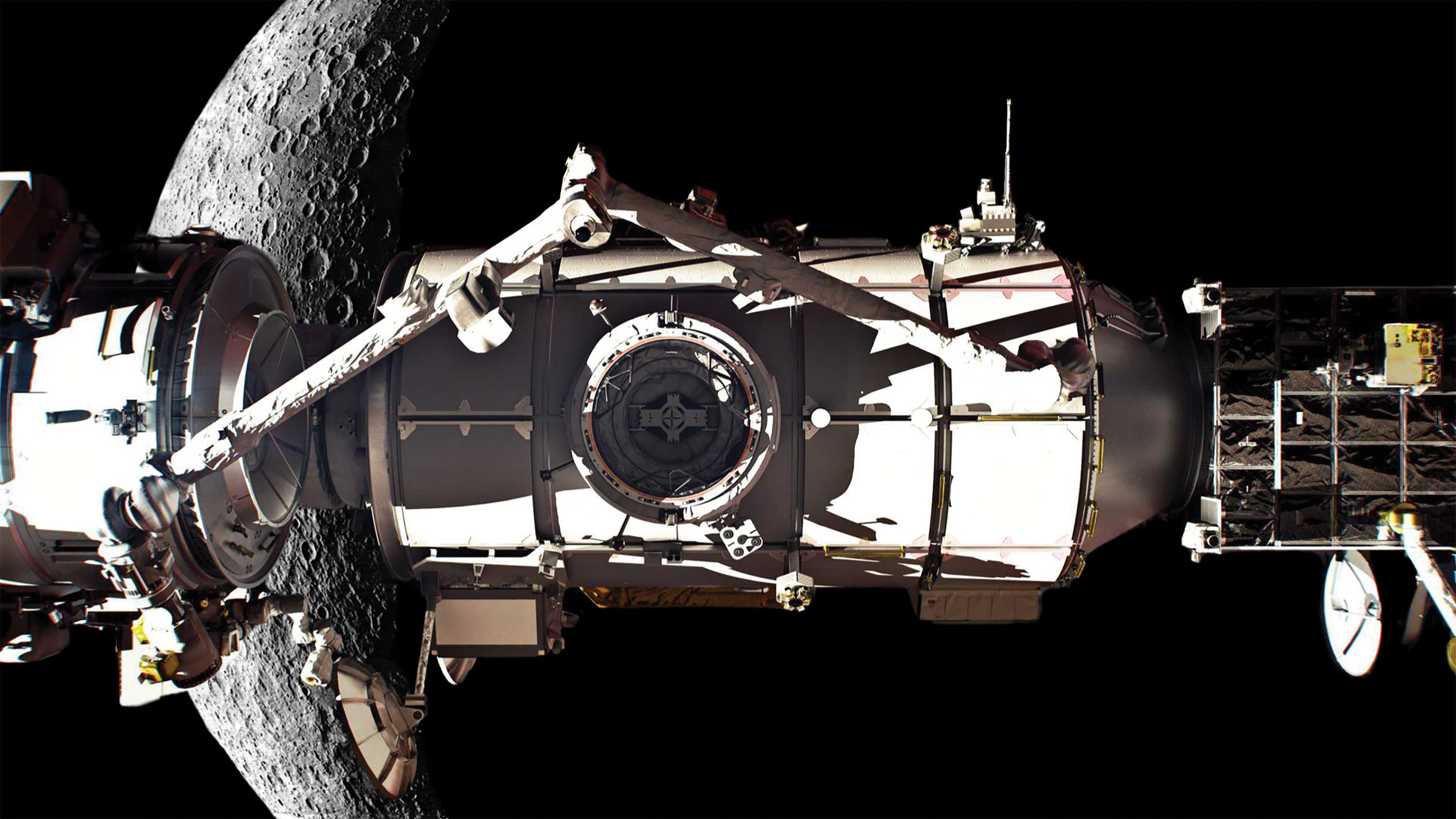 image display of lunar spacecraft infront of moon